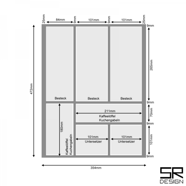 Besteckeinsatz K45 für schräge Zargen. Inkl. frei geplante Facheinteilung. Buche.
