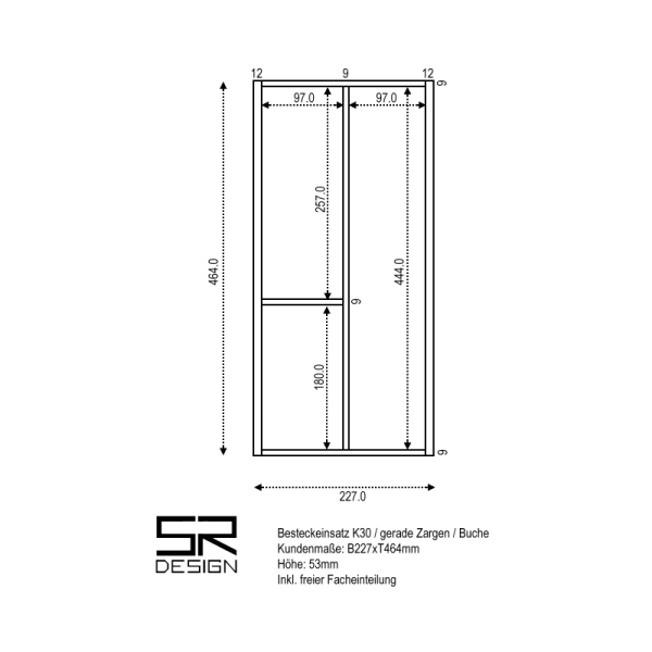 Besteckeinsatz K30 für gerade Zargen. Einzelanfertigung inkl. freier Facheinteilung. Buche.