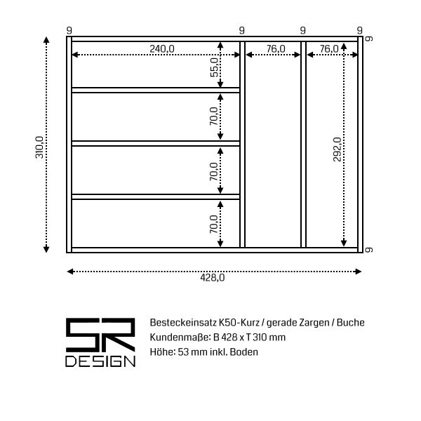 Besteckeinsatz K50-Kurz für gerade Zargen. Einzelanfertigung. Buche.