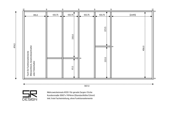 Mehrzweckeinsatz K100 für Schubladen mit geraden Zargen. Eiche.