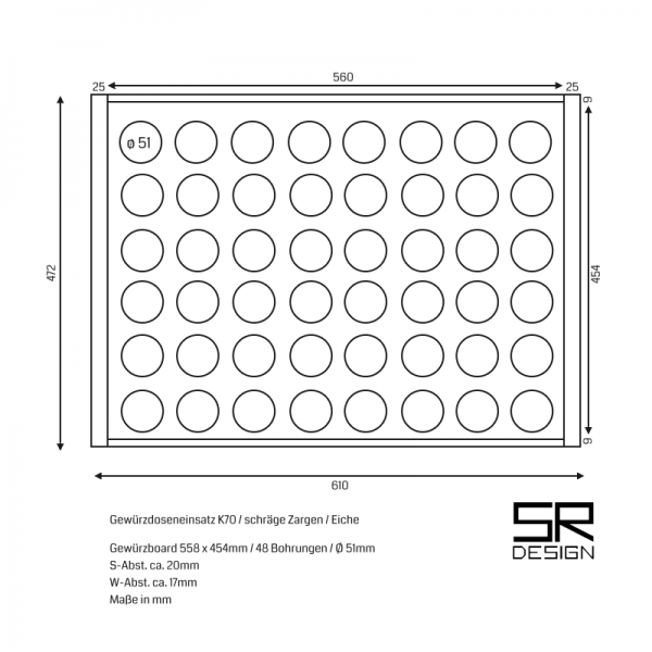 Gewürzdoseneinsatz K70 für schräge Zargen. Eiche.