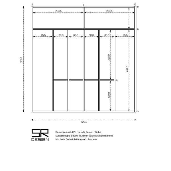 Besteckeinsatz K70 für Schubladen mit geraden Zargen. *Sondertiefe*. Eiche