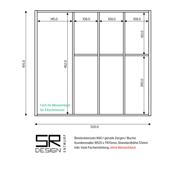 Besteckeckeinsatz K60 für Schubladen mit geraden Zargen. Freie Facheinteilung. Buche