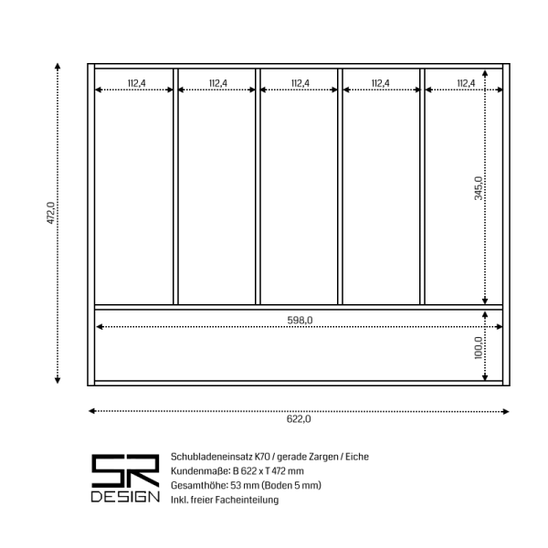 Besteckeinsatz K70 für gerade Zargen. Einzelanfertigung, inkl freier Facheinteilung. Eiche.