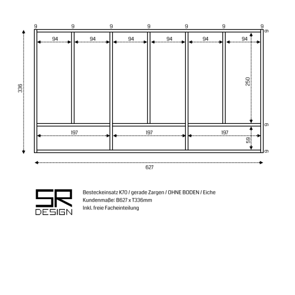 Besteckeinsatz K70 für gerade Zargen. OHNE BODEN. Eiche