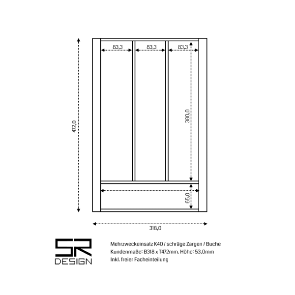Utensilieneinsatz K40 für schräge Zargen. Einzelanfertigung inkl. freier Facheinteilung. Buche.
